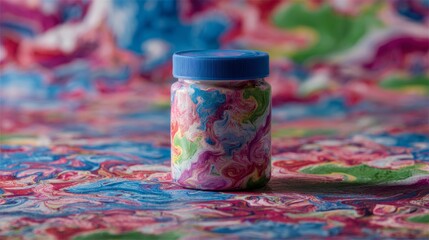 Colorful plastic container placed on playful patterned textile with shallow depth of field