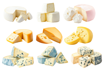 Set of cheeses, including Swiss and Brie, arranged on plate isolated on white background, representing dairy food.