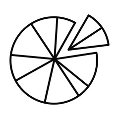 Hand drawn black and white illustration of a pie chart with one slice removed representing a portion or fraction