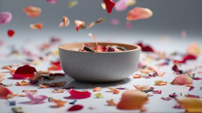 Petals falling into bowl of natural bath salts in spa concept with soft blur background - Powered by Adobe