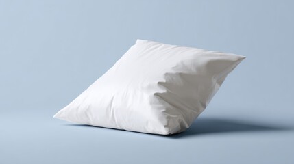 White soft pillow floating on light blue background in minimal sleep product advertisement style
