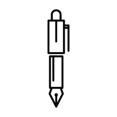 Simple line art icon of a classic fountain pen with a nib and clip on a white background