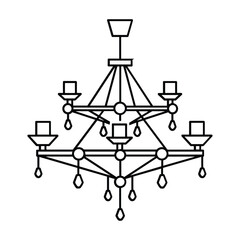 Elegant black and white line drawing of a classic multi tiered chandelier with candle shaped lights and crystal drops