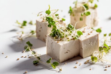 White tofu blocks with fresh green microgreens and seeds on clean white background, healthy vegan protein food flatlay composition
