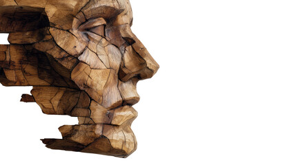 Wooden face sculpture in profile view showcasing detailed craftsmanship, artistic expression and natural wood texture isolated on white background

