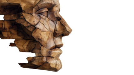 Wooden face sculpture in profile view showcasing detailed craftsmanship, artistic expression and natural wood texture isolated on white background
