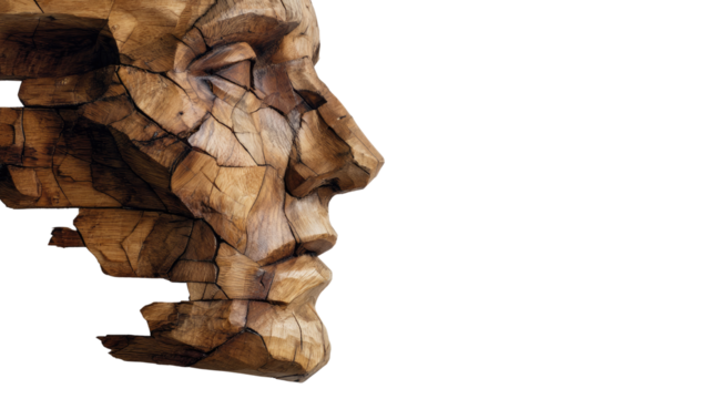 Wooden face sculpture in profile view showcasing detailed craftsmanship, artistic expression and natural wood texture isolated on white background
