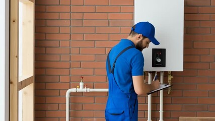 Smiling technician in blue uniform holding clipboard stands beside modern boiler, showcasing plumbing expertise in a well-lit interior space with brick wall and pipes	