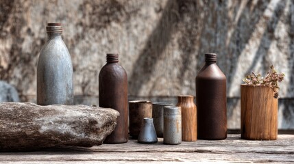 Naklejka premium Set of rustic ceramic vases and bottles on weathered stone surface outdoors in natural light