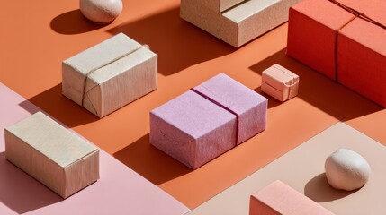 Abstract block arrangement with pastel and orange colors on geometric surface for minimal design