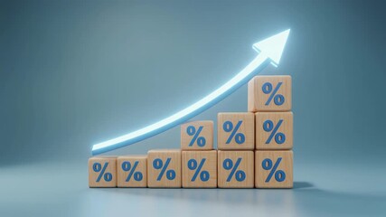 Wooden blocks with percentage signs forming a bar chart with a rising blue arrow graph symbol