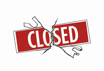 Illustration of a red 'Closed' sign broken in half symbolizing disruption, interruption, or the end of an operation or service amidst a white background