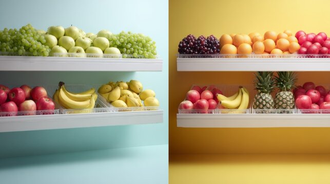 Fruit shelf filled with bananas, apples, grapes and more arranged in colorful supermarket setting