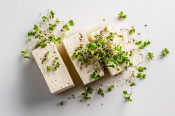 White tofu blocks with fresh green microgreens and seeds on clean white background, healthy vegan protein food flatlay composition