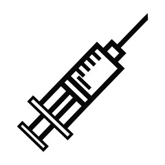 Simple black and white line art illustration of a medical syringe with needle and plunger isolated on white background