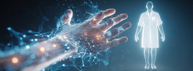 A digital hand, glowing with a network of light, extends towards a translucent, medical figure