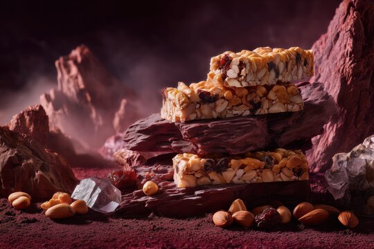 Protein energy bars with nuts, seeds and caramel flying on dramatic burgundy background, healthy snack food product photography