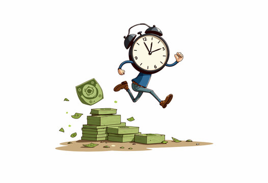 Cartoon depiction of time as a person with an alarm clock head running atop stacks of money signifying time equals money concept