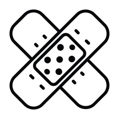 Simple outline icon of two crossed adhesive bandages with a central pad symbolizing first aid and healing