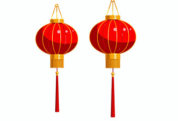 Two Traditional Red Chinese Paper Lanterns with Golden Details Hanging Against a Plain White Background