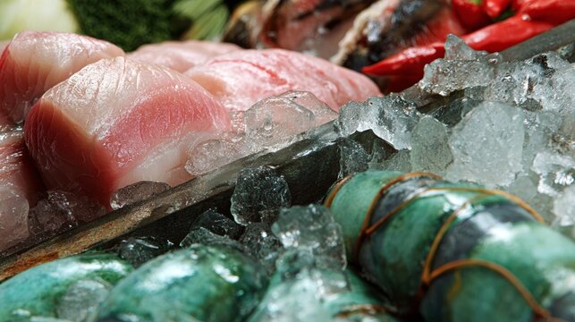 Frozen raw fish displayed on crushed ice in seafood market setting with green packaging