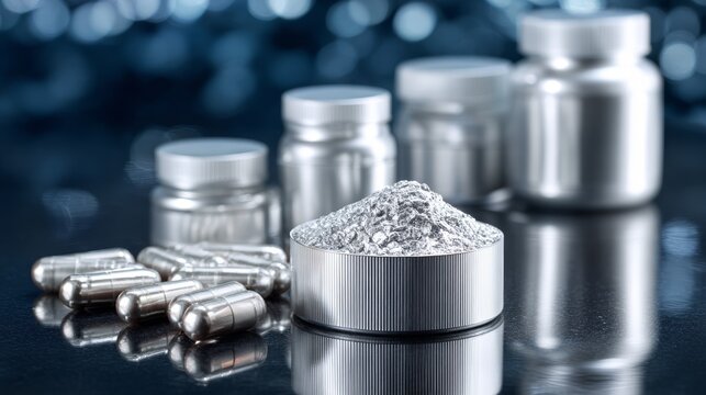 Silver supplement bottles and capsules on reflective black background with powdered ingredient display