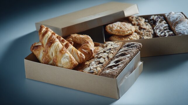 Box of assorted pastries and baked goods in warm neutral background