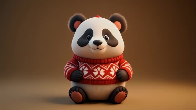 Cute cartoon panda wearing a cozy red and white patterned sweater, sitting and smiling against a warm brown background