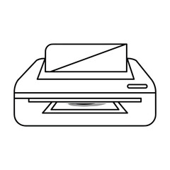 Simple black and white line drawing of a modern office printer with paper loaded and printing a document