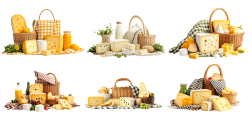 Assorted cheeses, bread, grapes, and beverages arranged with a picnic basket and checkered cloth isolated on white background, concept of picnic essentials