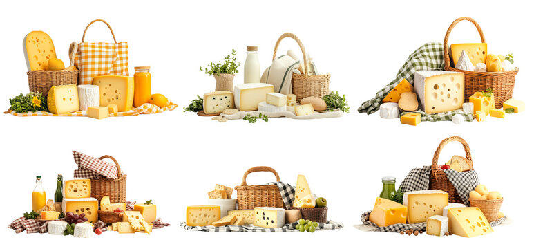 Assorted cheeses, bread, grapes, and beverages arranged with a picnic basket and checkered cloth isolated on white background, concept of picnic essentials - Powered by Adobe