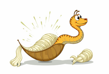 Fototapeta premium Cartoonish depiction of a whimsical hybrid creature resembling a tiger slug emerging from a brown egg with expressive eyes and joyful demeanor