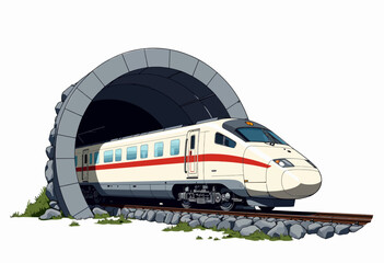 High-speed modern train emerging from a tunnel, showcasing advanced engineering and sleek design, set against a backdrop of natural elements and clear sky