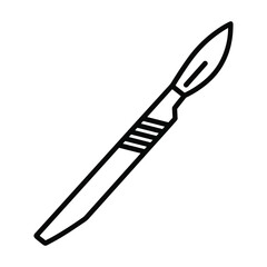 Simple hand drawn line art illustration of a surgical scalpel with a sharp blade and textured handle