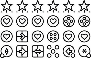 Collection of simple outline icons: stars, hearts, buttons, compass, arrows