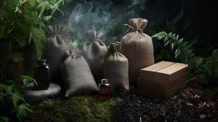 Obraz premium Burlap sacks filled with coffee beans and boxes in forest environment