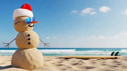 Sand snowman wearing sunglasses and a red Santa hat stands beside a surfboard on a sunny beach, capturing the essence of a unique tropical christmas holiday vacation experience - Powered by Adobe