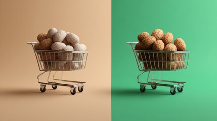 Mini shopping carts filled with round nuts on colorful split background