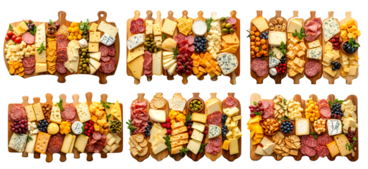 Assorted cheeses, fruits, nuts, and meats on wooden boards isolated on white background. Concept of gourmet food platters.