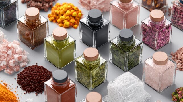 Assorted spice jars and herbs displayed on neutral background with variety of colors - Powered by Adobe