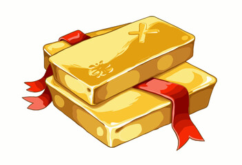 Illustration of Stacked Gold Bars Wrapped with Red Ribbon Symbolizing Wealth and Prosperity in a Festive or Celebratory Context