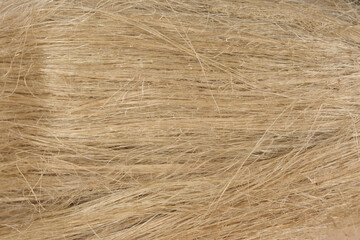 A close-up shot captures the texture of raw, light brown natural plant fibers, commonly known as tow, showing individual strands