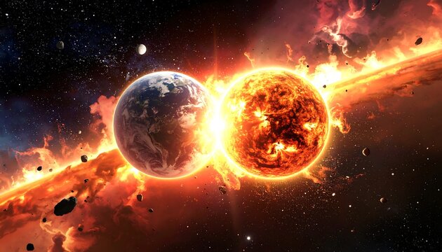 Artistic rendition of Earth and a sun-like star in deep space surrounded by asteroids and nebulous clouds - Powered by Adobe