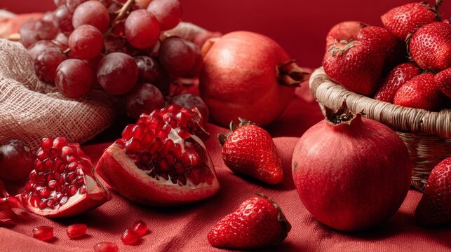 Whole and halved pomegranates with seeds on red surface and dramatic lighting