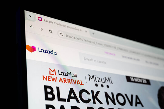 Bangkok, Thailand - November 15th 2025 : Lazada e-commerce website homepage on computer screen, showing LazMall banner, search bar, and promotional design, representing modern online shopping.