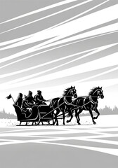 Vintage black and white illustration of people riding in a horse-drawn sleigh.