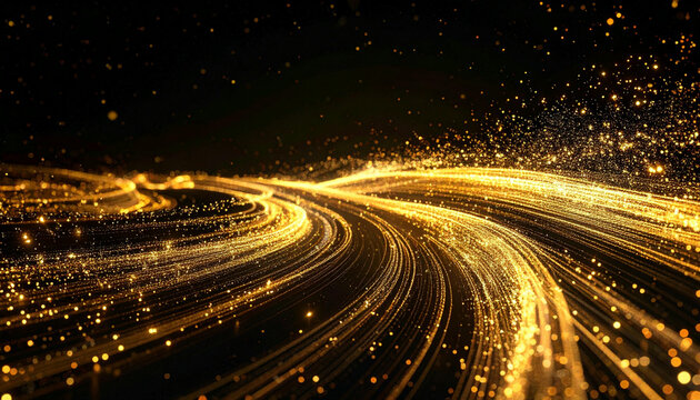Abstract golden light trails curve and flow across a dark background, creating a dynamic visual.