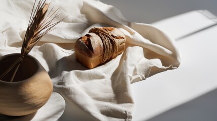 Breakfast scene with croissants and coffee on white table with natural elements and rustic decor style