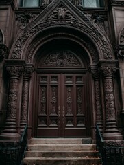 Obraz premium Ornate gothic carved wooden double door entrance