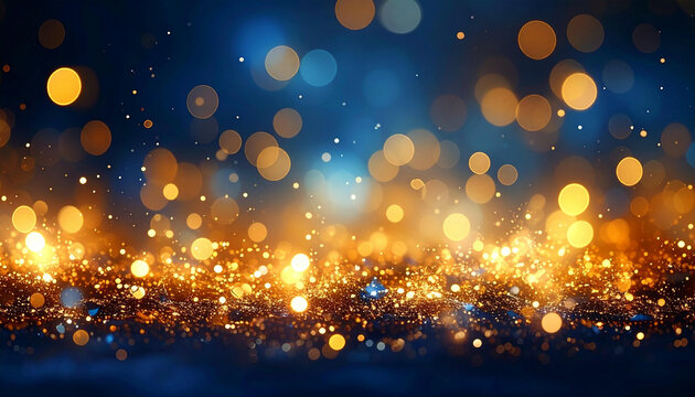 Abstract background with golden and blue bokeh lights, creating a festive atmosphere.